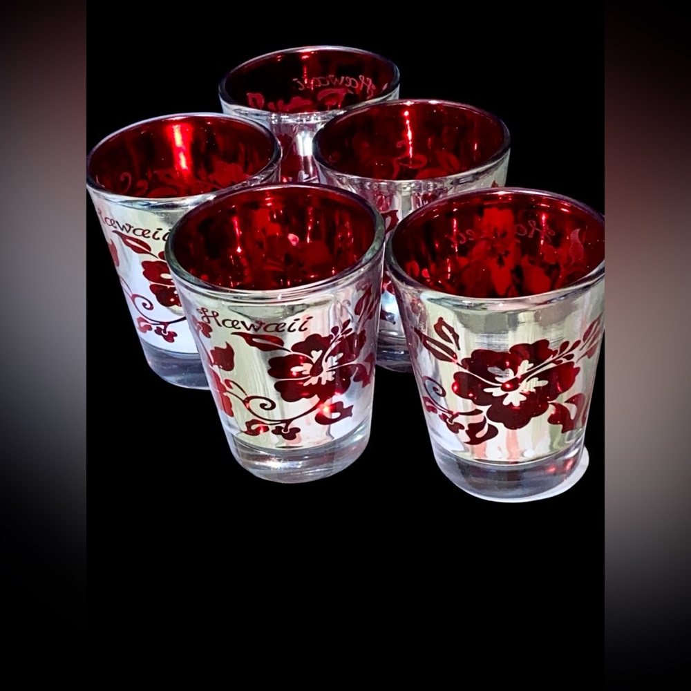 KC Hawaii ~ 5 Hibiscus Hawaii Red & Silver Metallic Shot Glasses